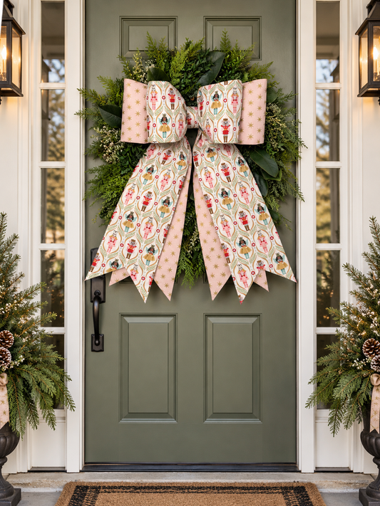 Nutcracker Christmas Double Bow | Pink & Gold Holiday Decor