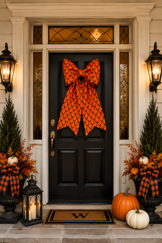 Large Halloween Bow for Doors and Decor Orange with Black Bats