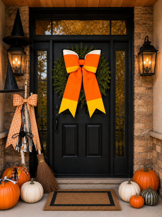 Giant and grand size Candy Corn Door Bow – Hand Pieced Halloween Decoration