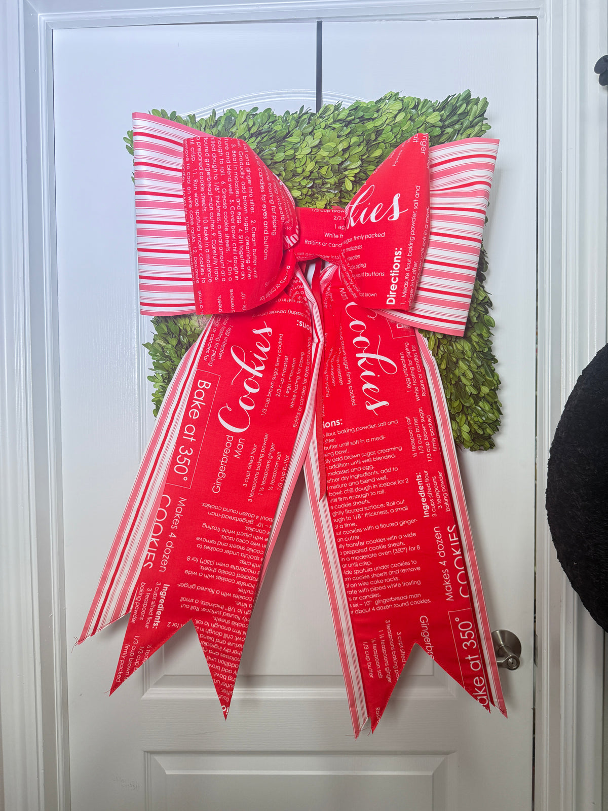 Christmas Cookie Recipe Double Bow | Red & Pink Striped Holiday Wreath Bow | Handmade Cotton Fabric Christmas Decor