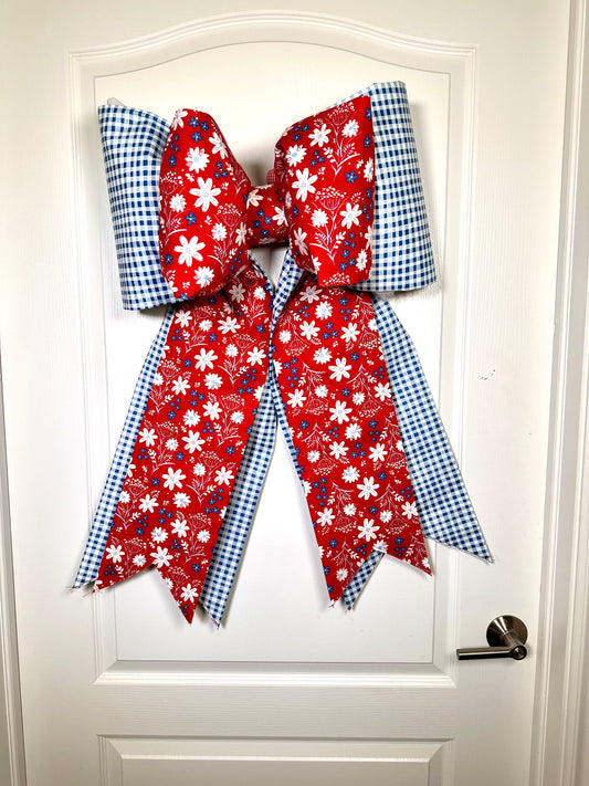 Blue Gingham & Red Floral Double Bow