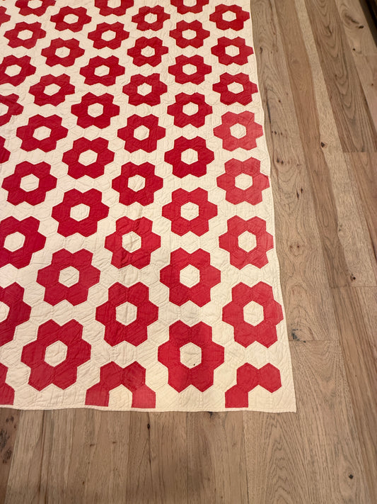 Red Mosaic Hexagon Quilt 77” x 70” Vintage Hand Pieced & Hand Quilted