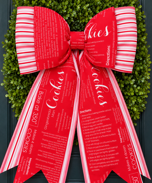 Christmas Cookie Recipe Double Bow | Red & Pink Striped Holiday Wreath Bow | Handmade Cotton Fabric Christmas Decor