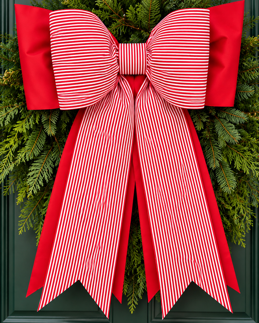 Candy Cane Classic β Double Christmas Bow | Oversized Red & White Cotton Fabric Bow