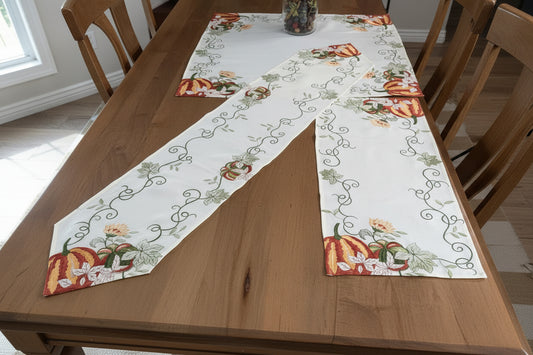 Fall Pumpkin Embroidered Table Runner & Topper Collection – Autumn Dining Decor