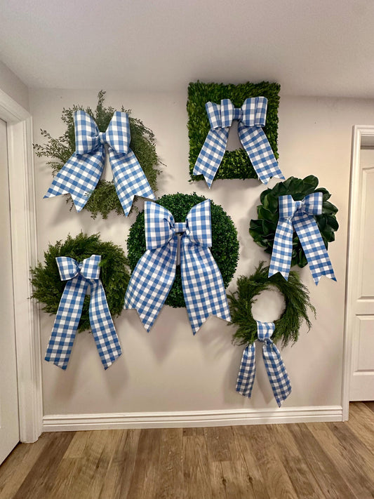 Country Blue 1" Gingham Fabric Bow, All Sizes
