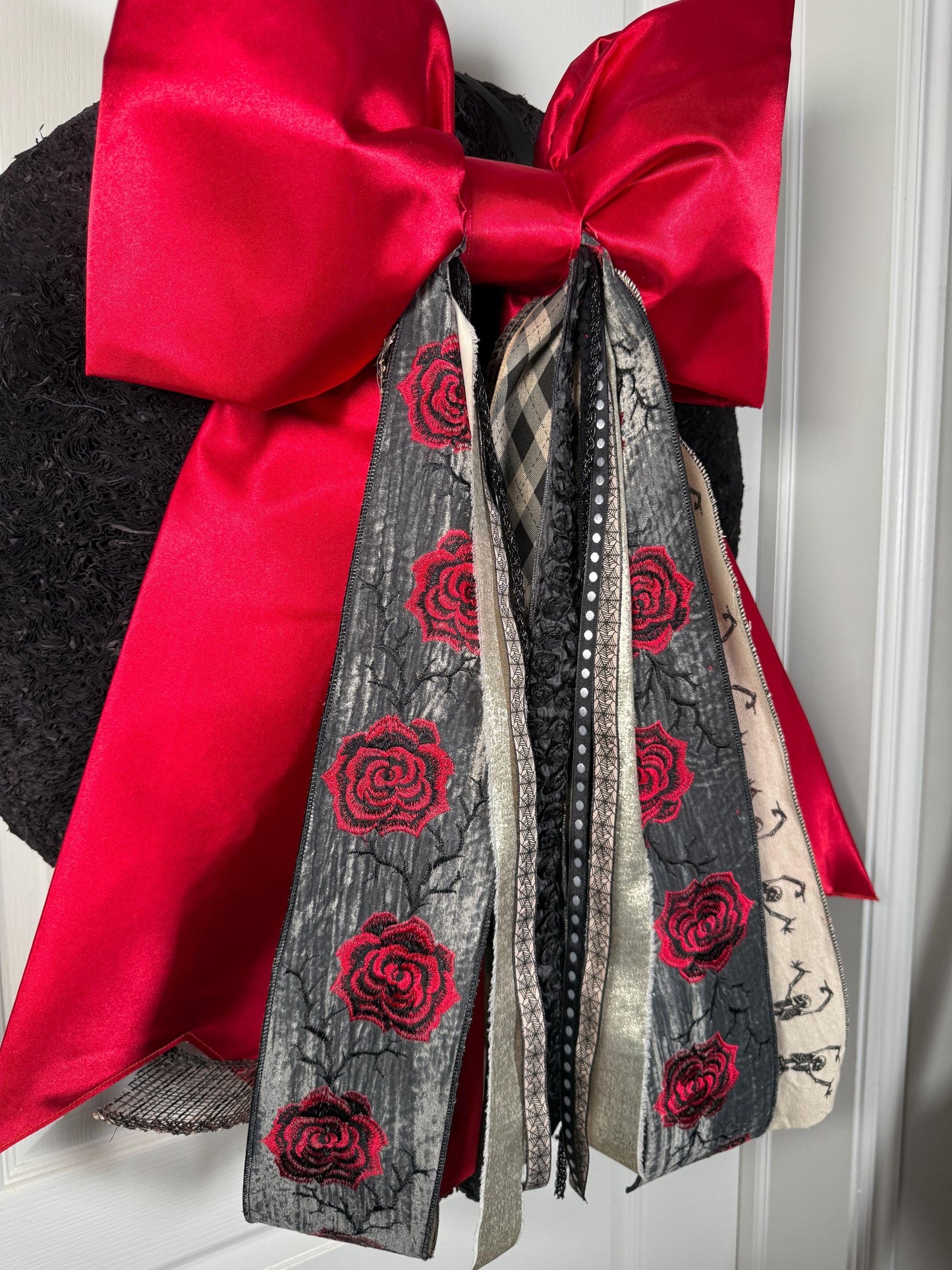 Halloween Bow | Embroidered Velvet Rose & Red Satin | Gothic Glam Statement Decor | Free Shipping
