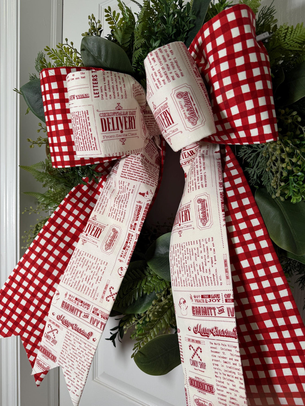 Red Gingham & Christmas Print Bow – Handmade Holiday door Wreath bow or Tree Topper