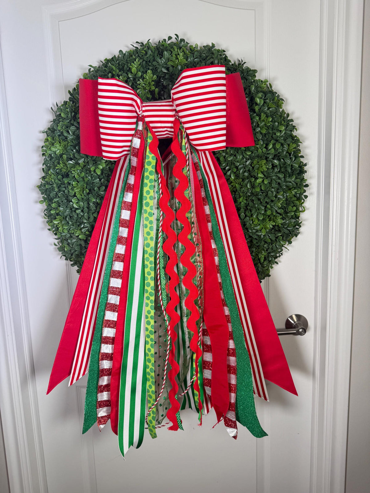 Red and white stripe Christmas Double bow with ribbons: Holiday Wreath and Tree Decor