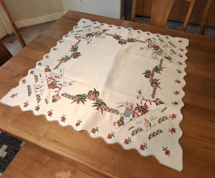 36" Square embroidered Bunny table topper Runner for easter or everyday on soft white washable fabric
