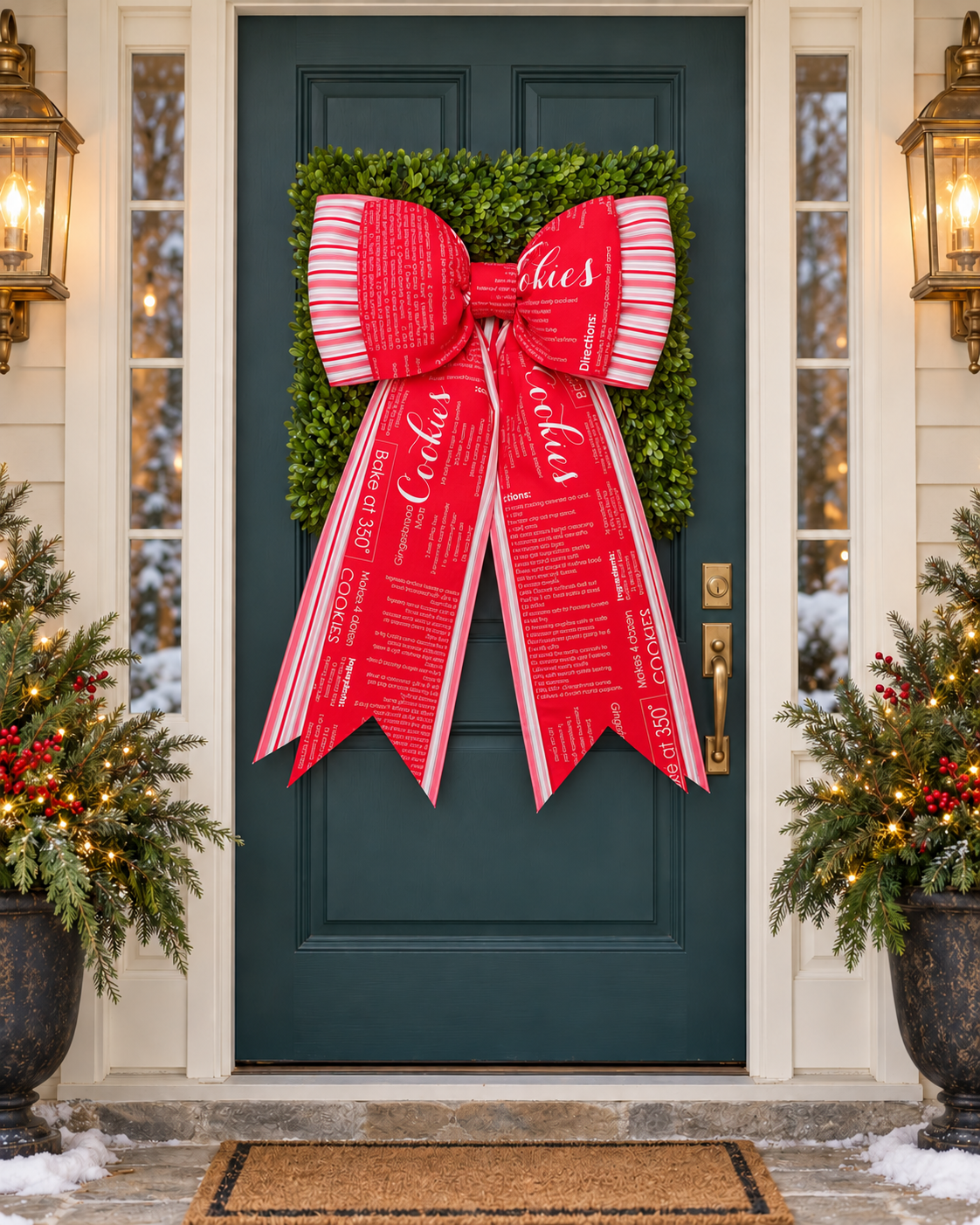 Christmas Cookie Recipe Double Bow | Red & Pink Striped Holiday Wreath Bow | Handmade Cotton Fabric Christmas Decor