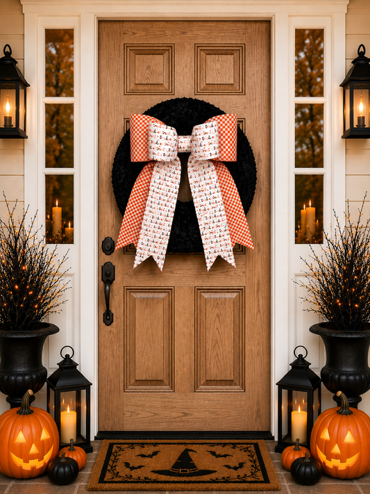 Trick or Treat double  Halloween Door Bow – Oversized Fabric Wreath Bow in Orange Check & Festive Script | Free shipping