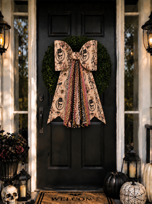 Spooky Vintage Halloween Bow, Skeleton & Skull Print | Optional Ribbon bundle