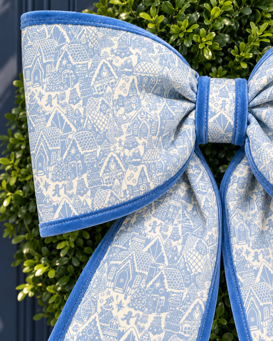 Blue Gingerbread Village Bow | Christmas Wreath Bow with Velvet Trim