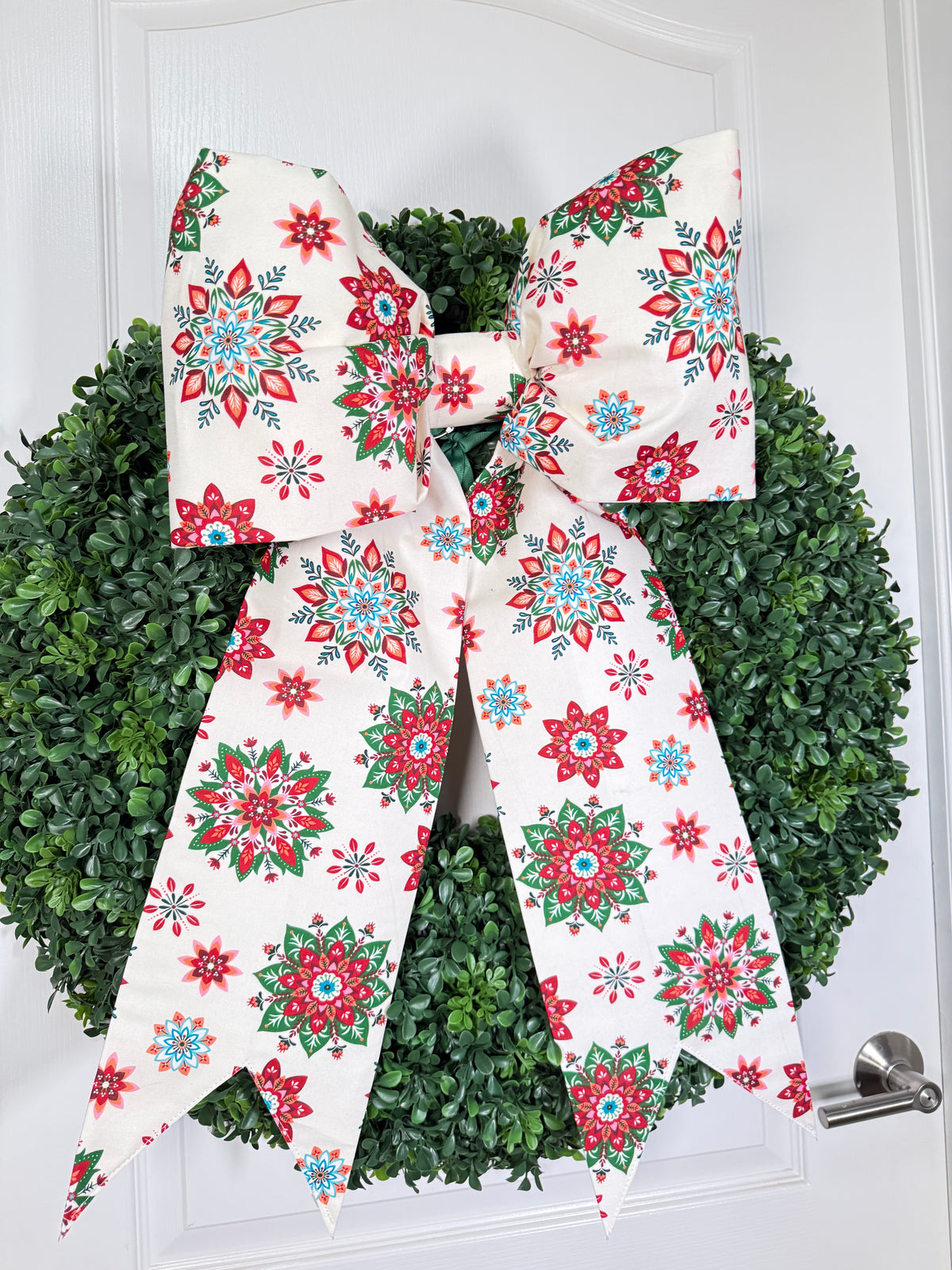 Cream Christmas Snowflake Bow | Handmade Cotton Fabric Wreath Bow | Optional Coordinating Ribbons