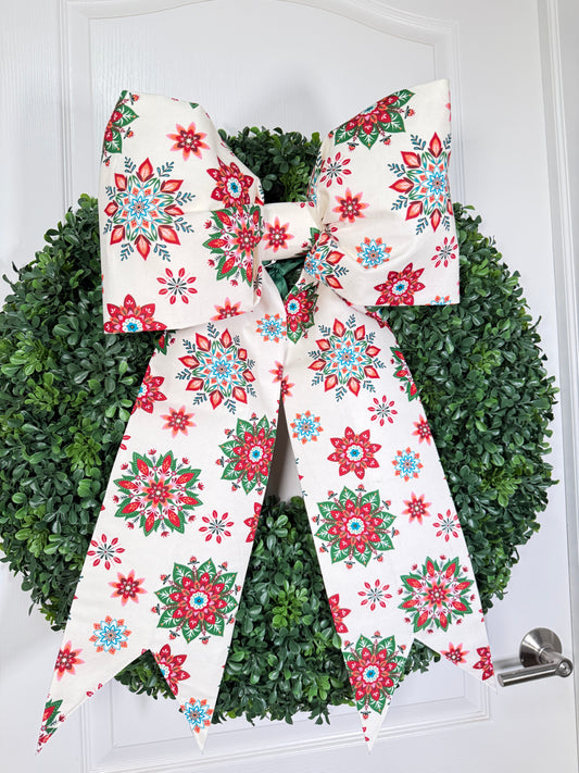 Cream Christmas Snowflake Bow | Handmade Cotton Fabric Wreath Bow | Optional Coordinating Ribbons