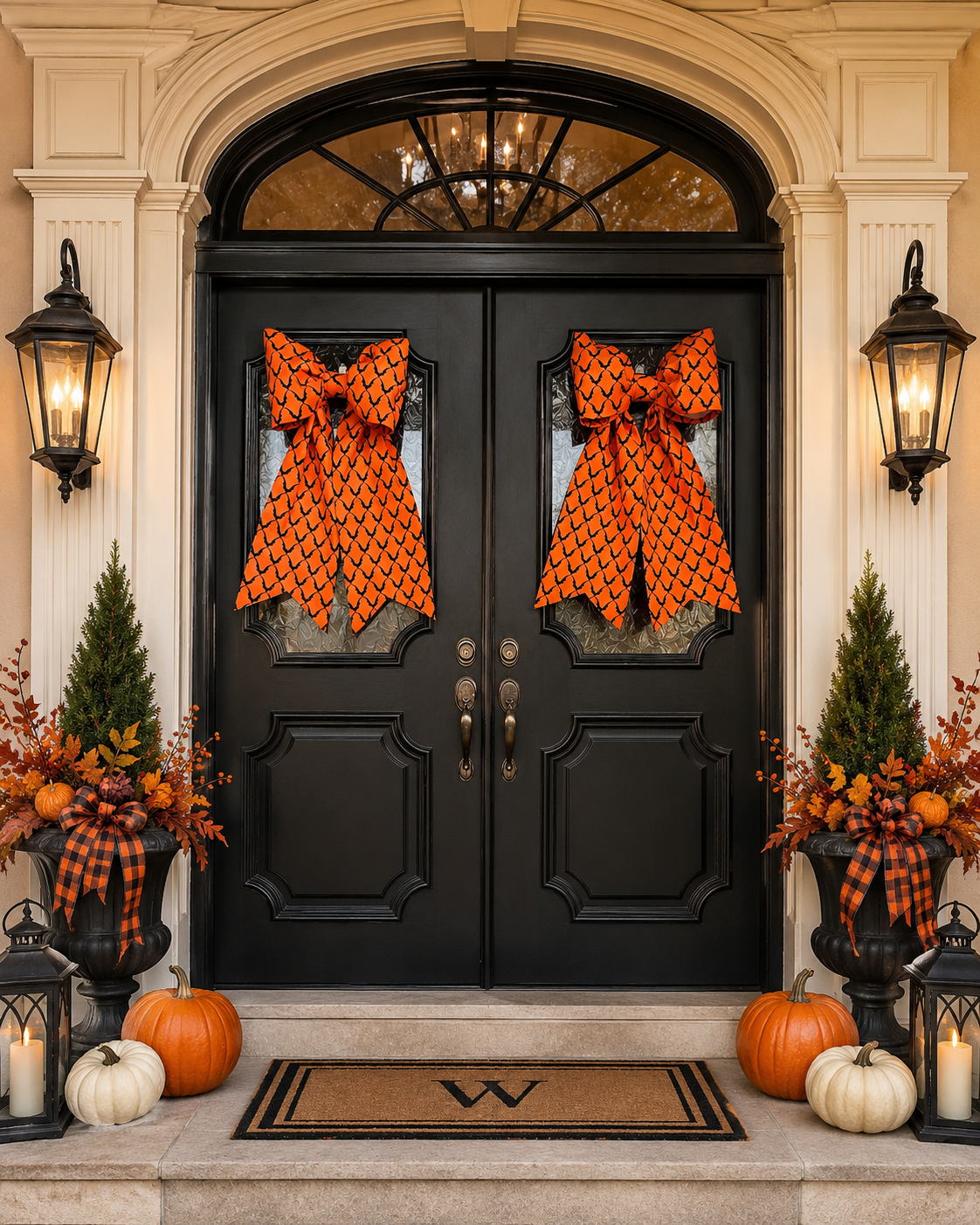 Large Halloween Bow for Doors and Decor Orange with Black Bats