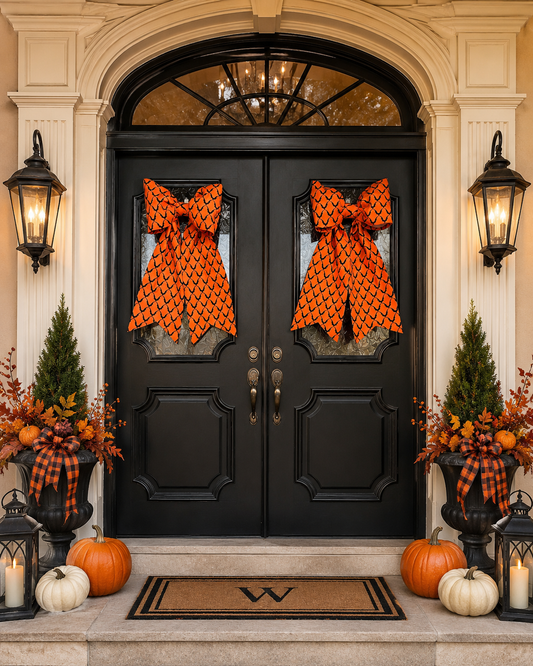 Large Halloween Bow for Doors and Decor Orange with Black Bats
