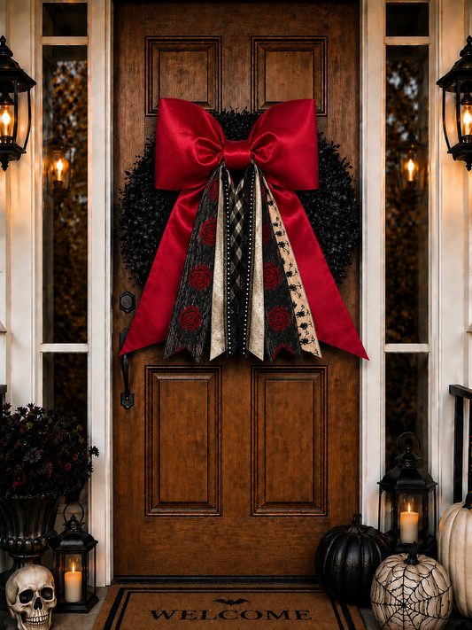 Halloween Bow | Embroidered Velvet Rose & Red Satin | Gothic Glam Statement Decor | Free Shipping