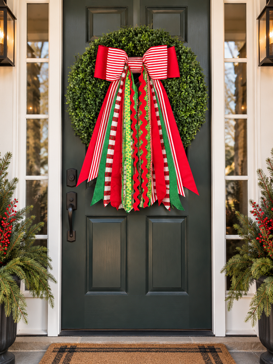 Red and white stripe Christmas Double bow with ribbons: Holiday Wreath and Tree Decor