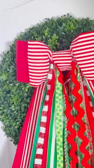 Red and white stripe Christmas Double bow with ribbons: Holiday Wreath and Tree Decor