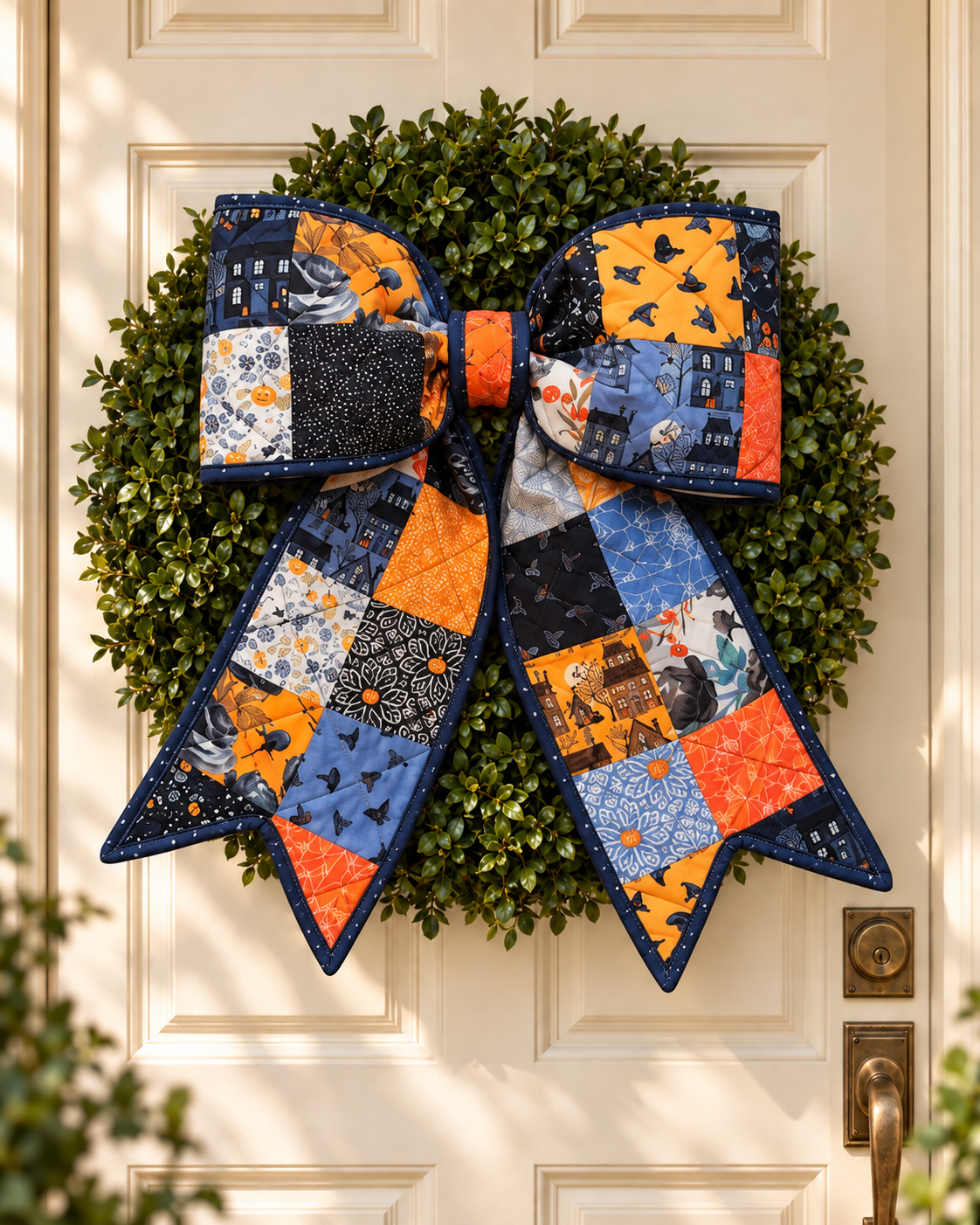 Moody Blue and Orange Halloween Quilted Bow