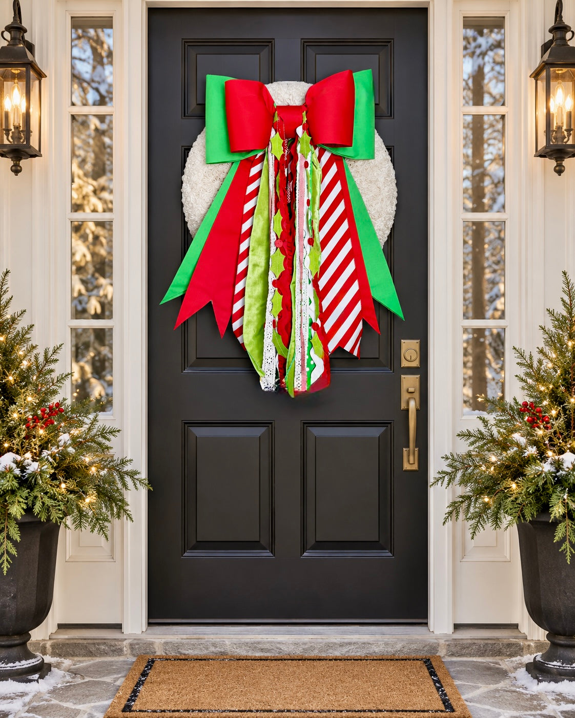 Holly Jolly Double Christmas Bow with Ribbons & Felt Holly Garland | 21” × 27”