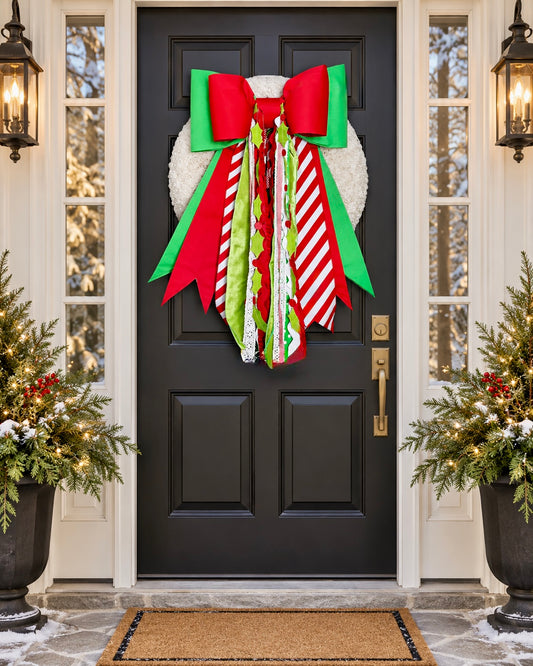 Holly Jolly Double Christmas Bow with Ribbons & Felt Holly Garland | 21” × 27”