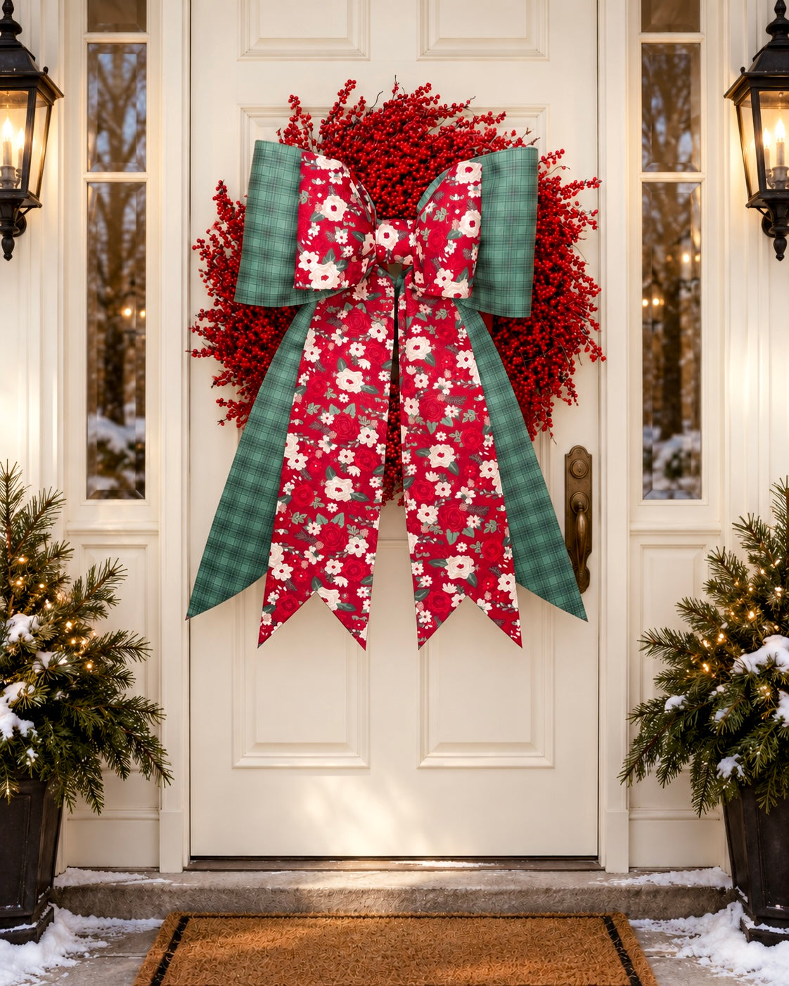 Christmas Rose & Evergreen Plaid Bow | Oversized Handmade Christmas Wreath Bow | Double Mega & Grand