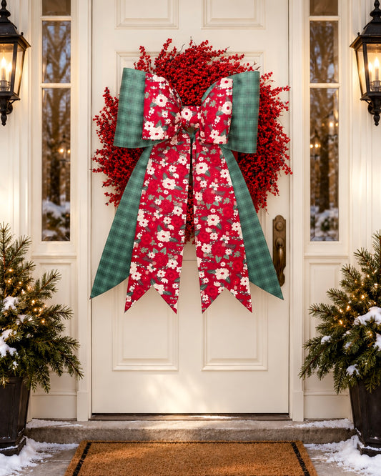 Christmas Rose & Evergreen Plaid Bow | Oversized Handmade Christmas Wreath Bow | Double Mega & Grand