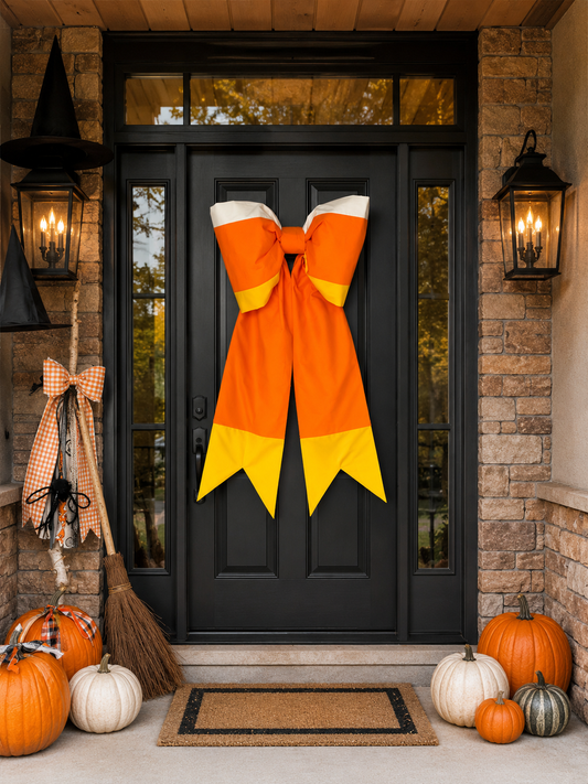 Giant and grand size Candy Corn Door Bow – Hand Pieced Halloween Decoration