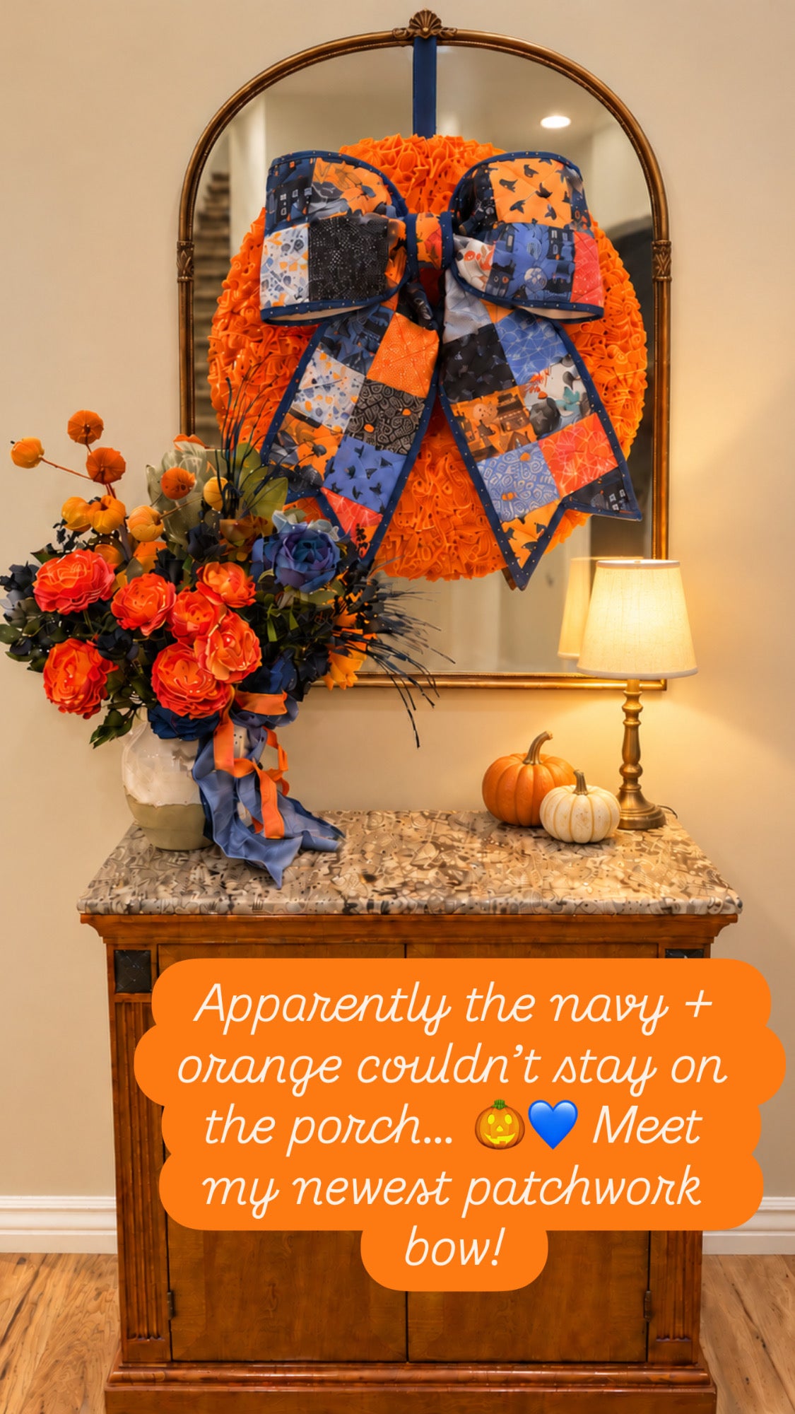 Moody Blue and Orange Halloween Quilted Bow