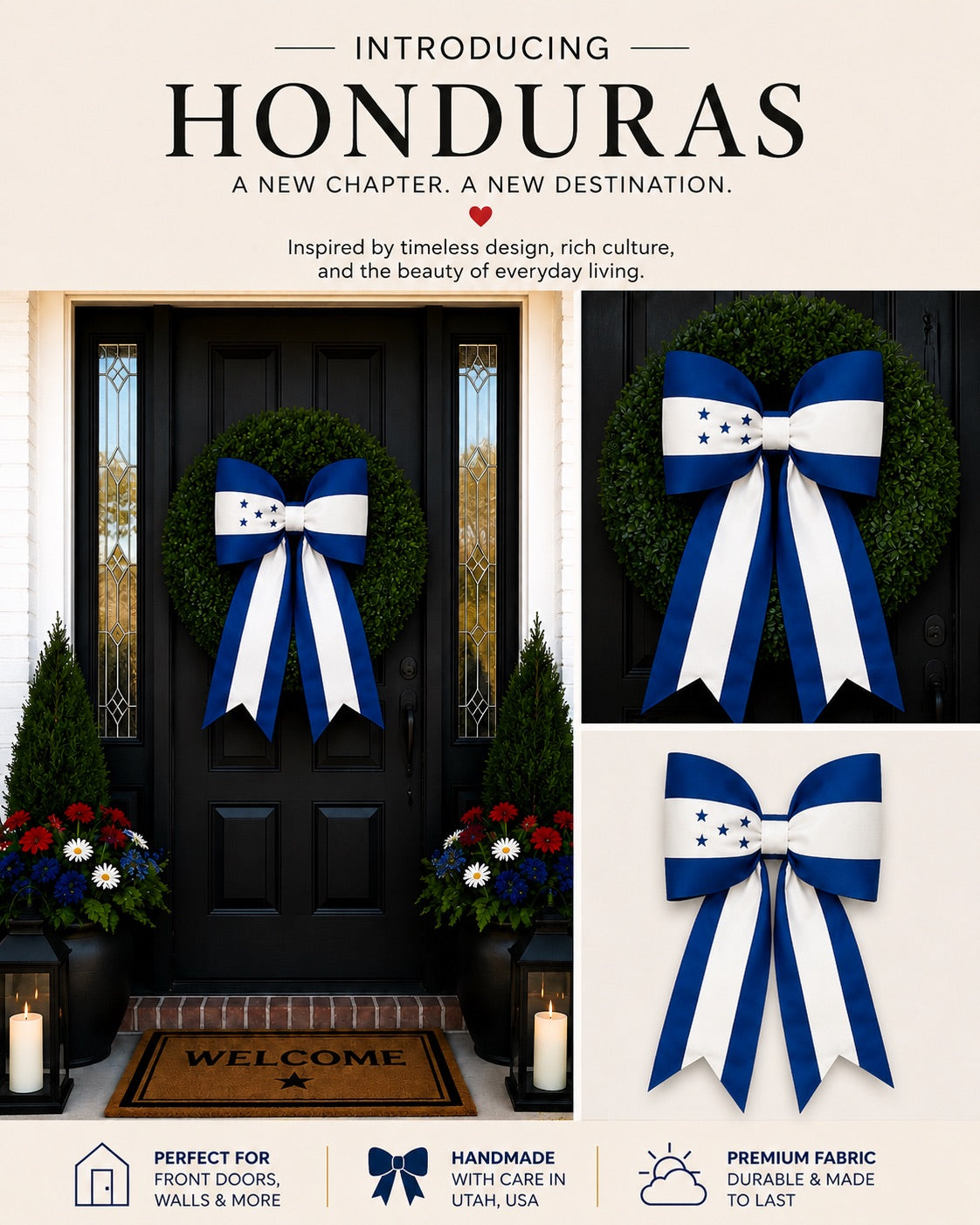 Honduras  Flag Bow | Missionary Farewell Decor | Large Front Door Bow