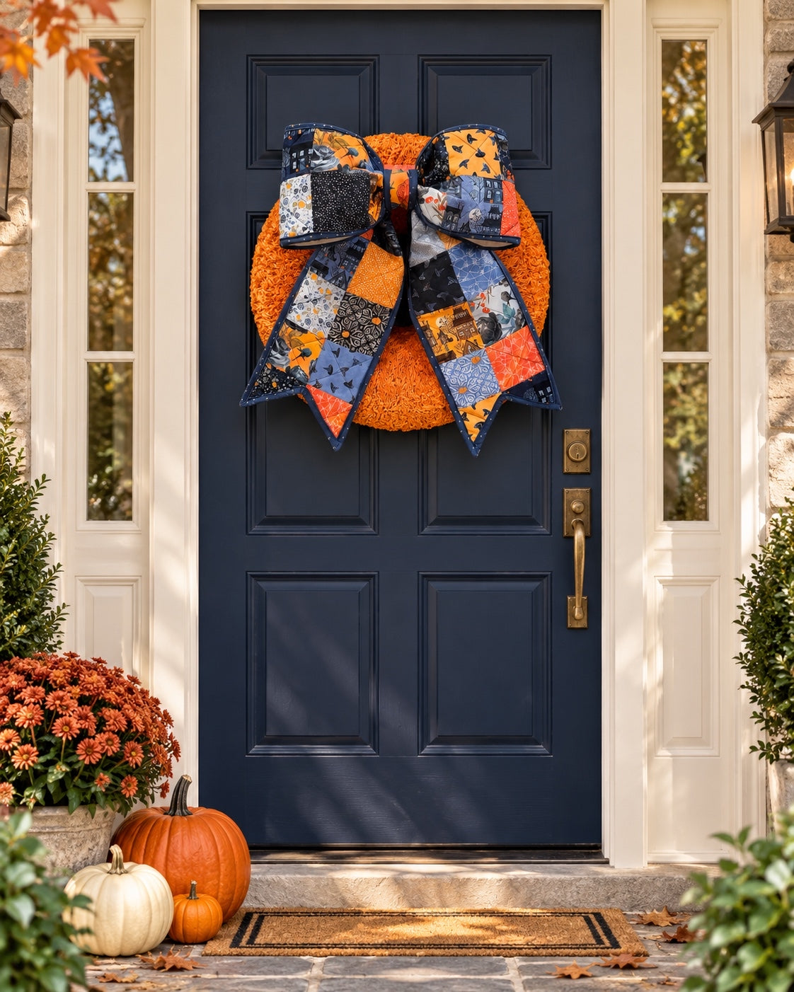 Moody Blue and Orange Halloween Quilted Bow