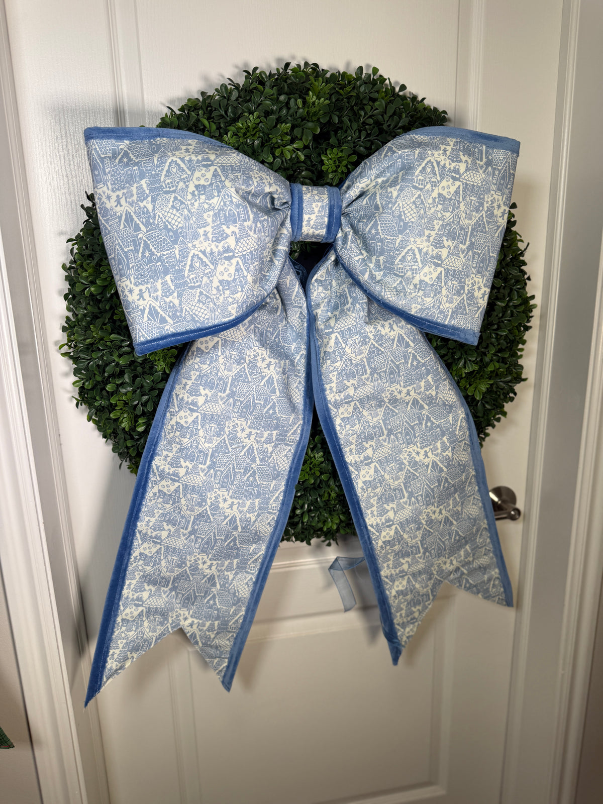 Blue Gingerbread Village Bow | Christmas Wreath Bow with Velvet Trim