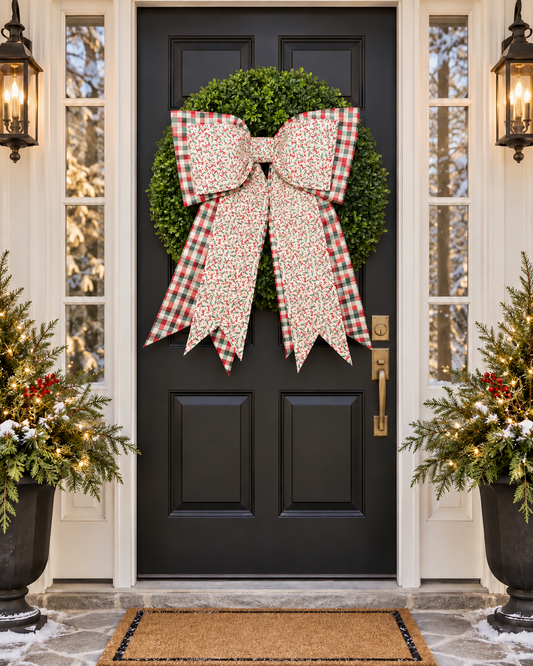 Christmas Holly & Plaid Double Mega Bow | Oversized Handmade Christmas Wreath Bow | 24” × 32”