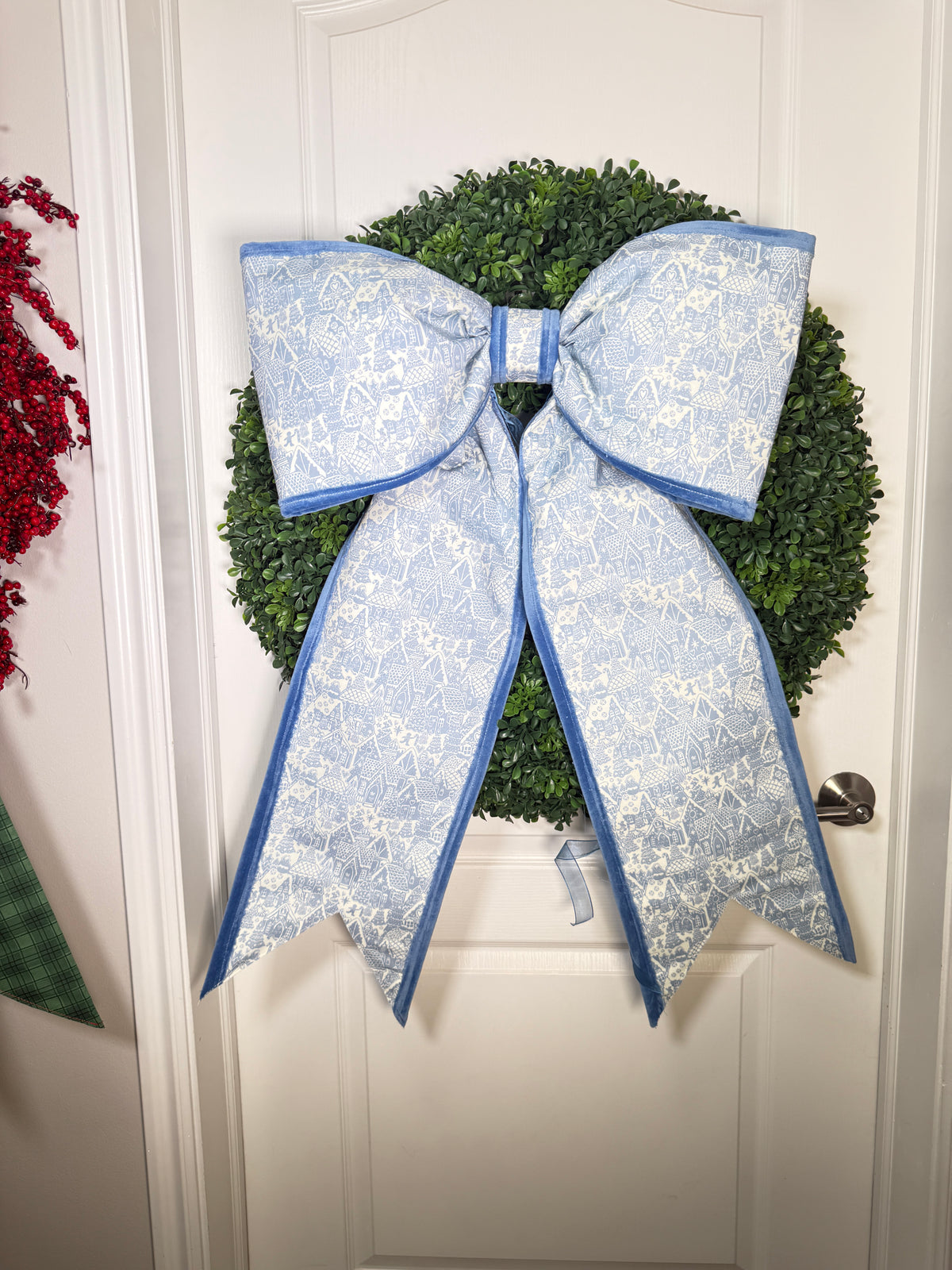 Blue Gingerbread Village Bow | Christmas Wreath Bow with Velvet Trim