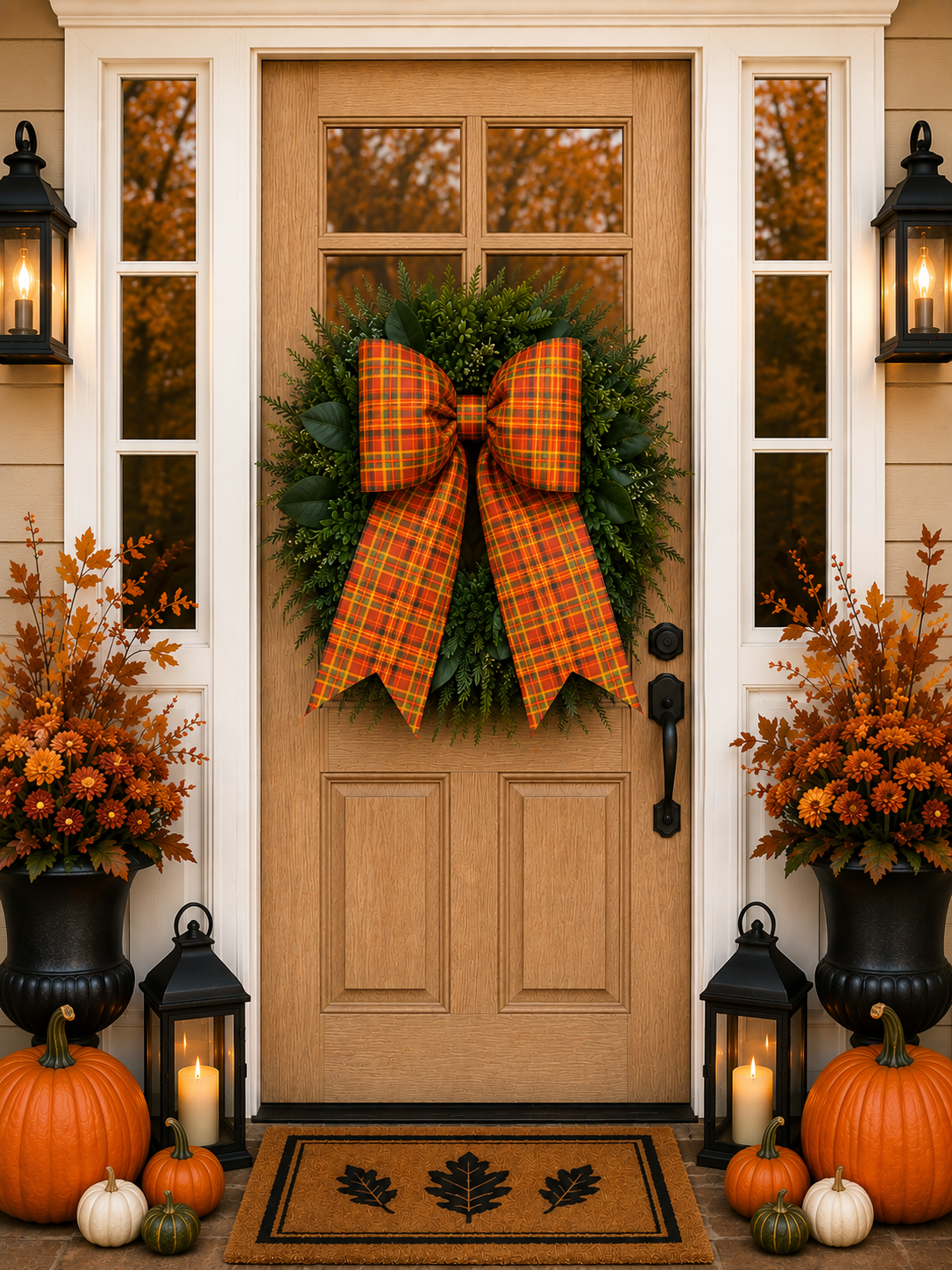 Fall Tartan Plaid Wreath Bow – 6 sizes, Mega, Grand, Petite Door Bows, Front Porch Decor, Autumn Fabric Bow for Wreaths and Lanterns