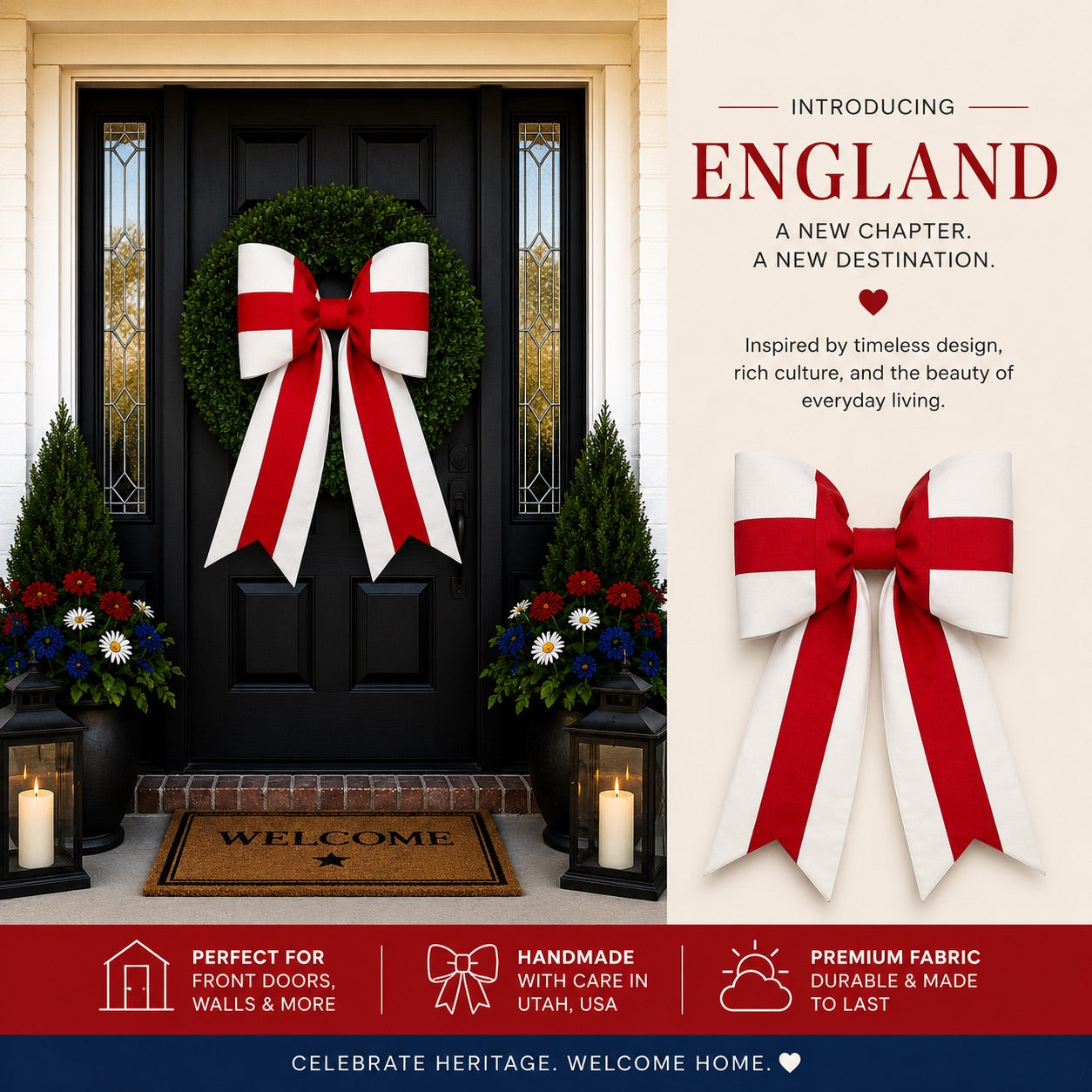 England Flag Bow | Missionary Farewell Decor | Large Front Door Bow