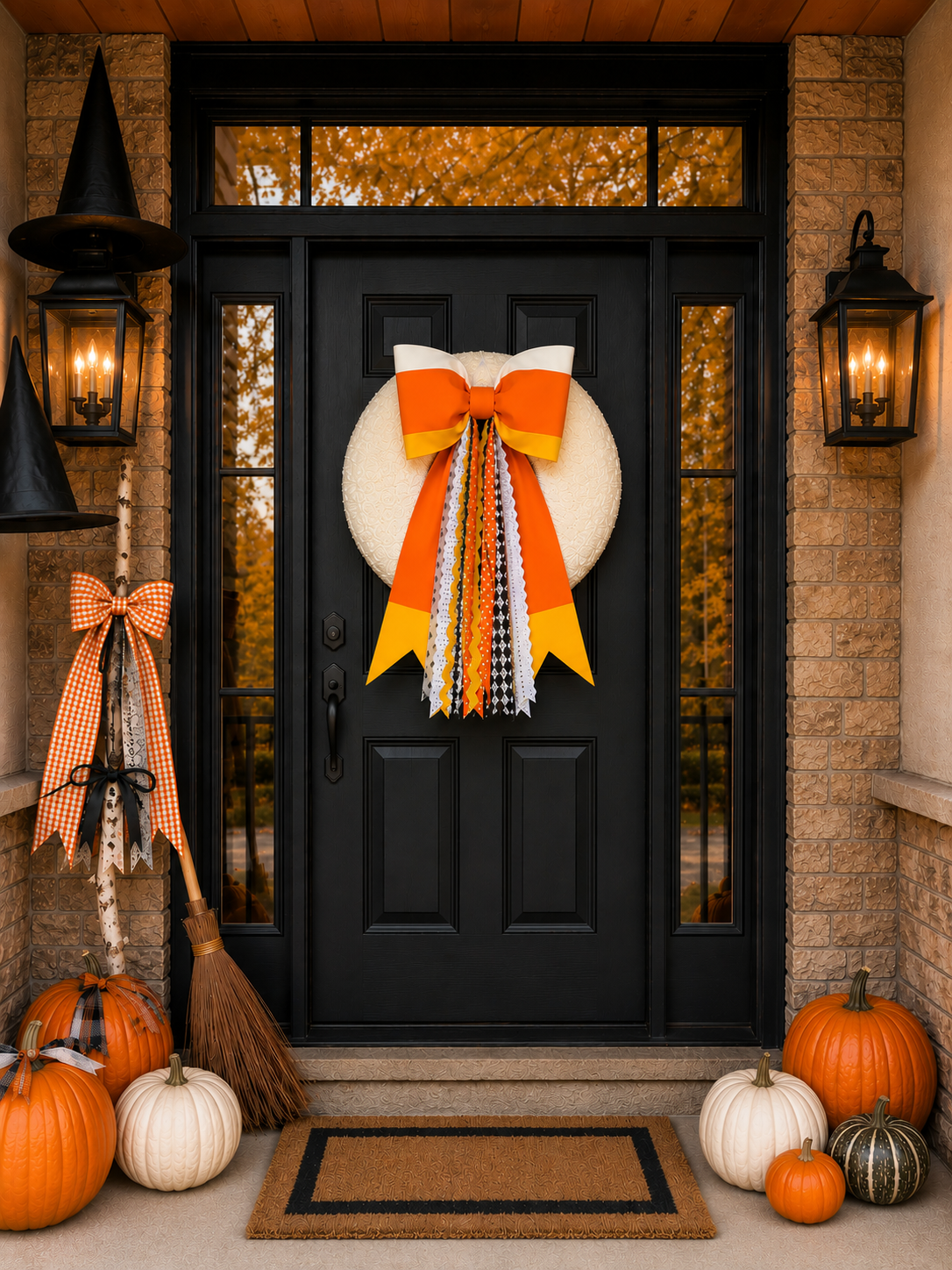 Giant and grand size Candy Corn Door Bow – Hand Pieced Halloween Decoration