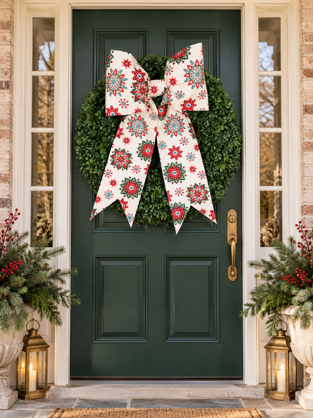 Cream Christmas Snowflake Bow | Handmade Cotton Fabric Wreath Bow | Optional Coordinating Ribbons