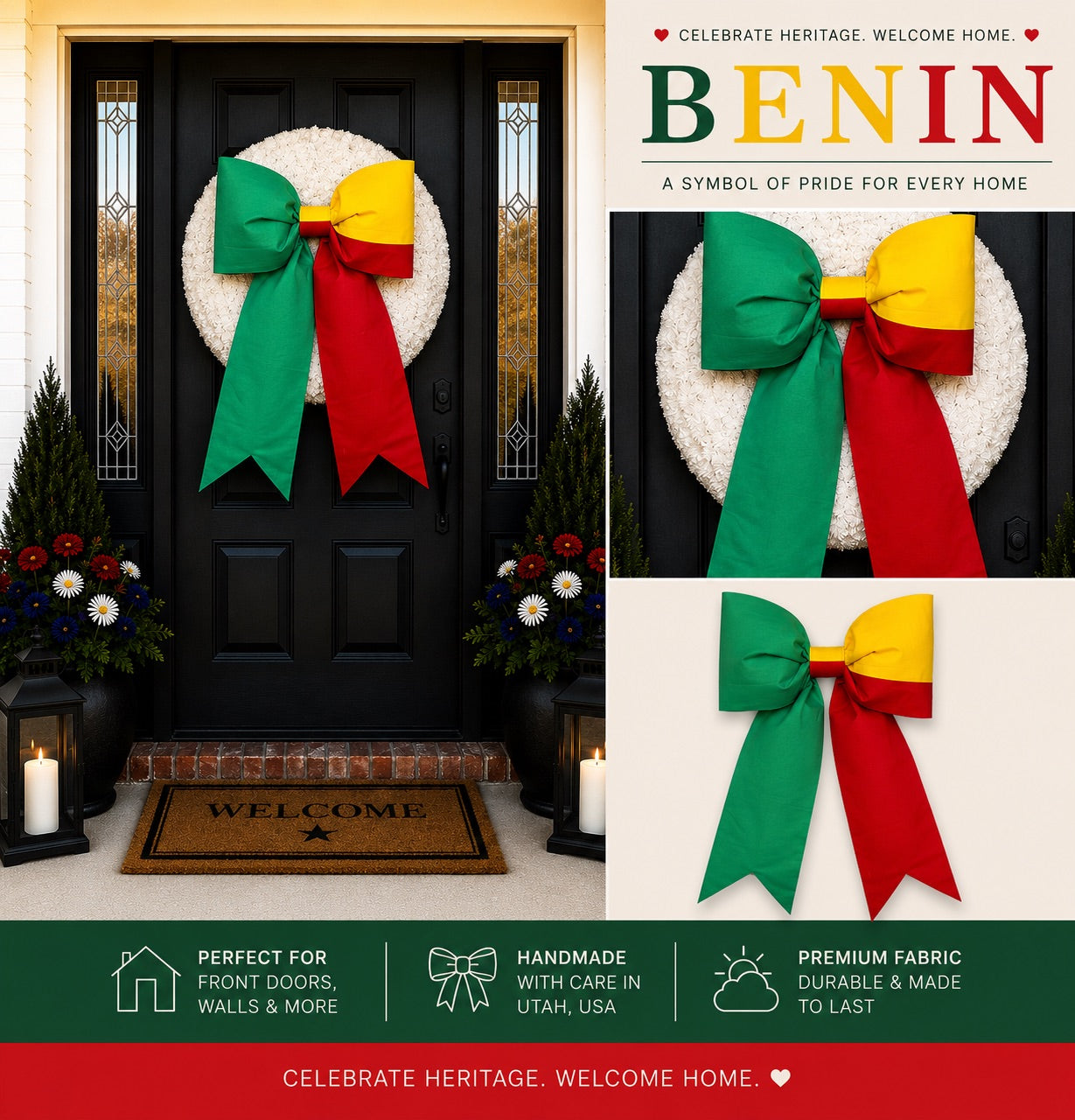 Benin Africa Flag Bow | Missionary Farewell Decor | Large Front Door Bow
