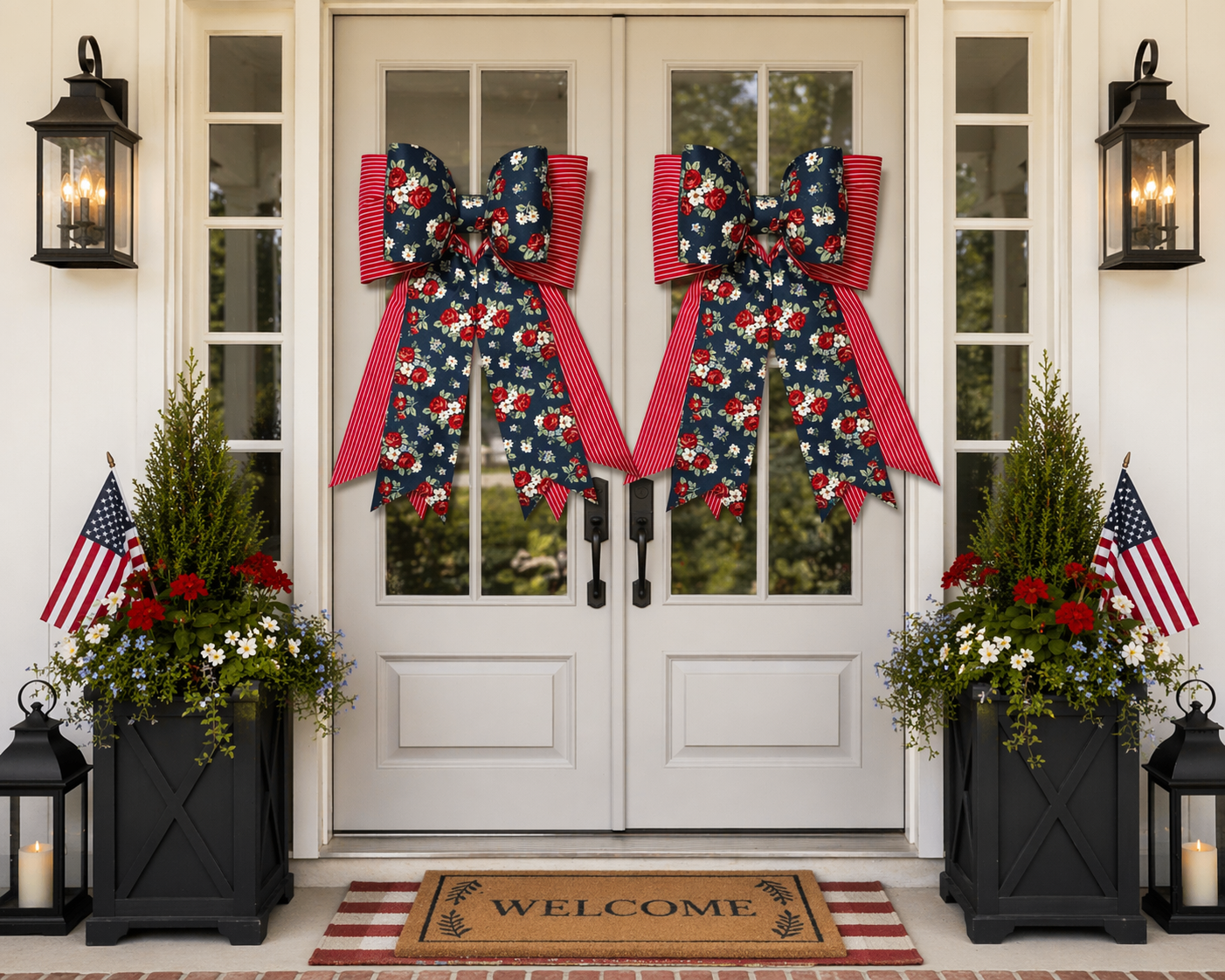 Navy Floral & Pinstripe Double Bow