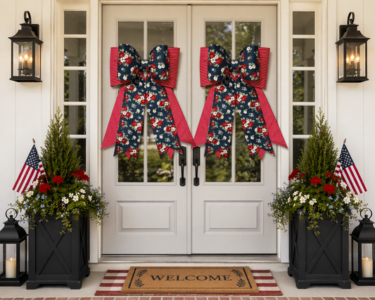 Navy Floral & Pinstripe Double Bow