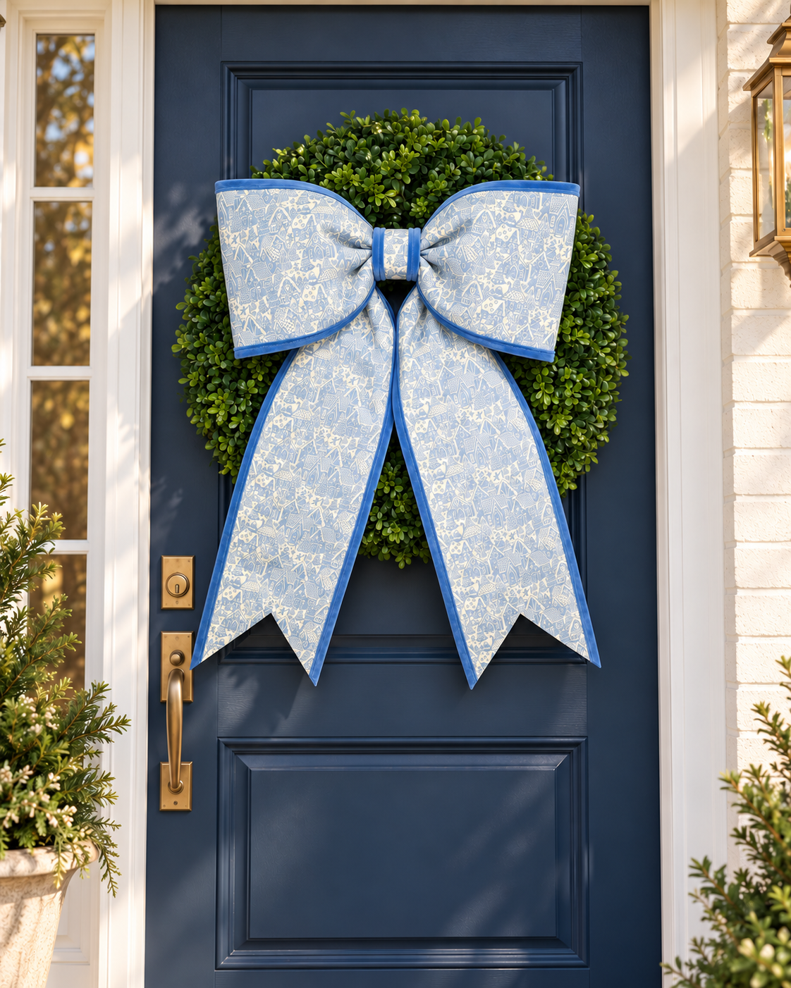 Blue Gingerbread Village Bow | Christmas Wreath Bow with Velvet Trim