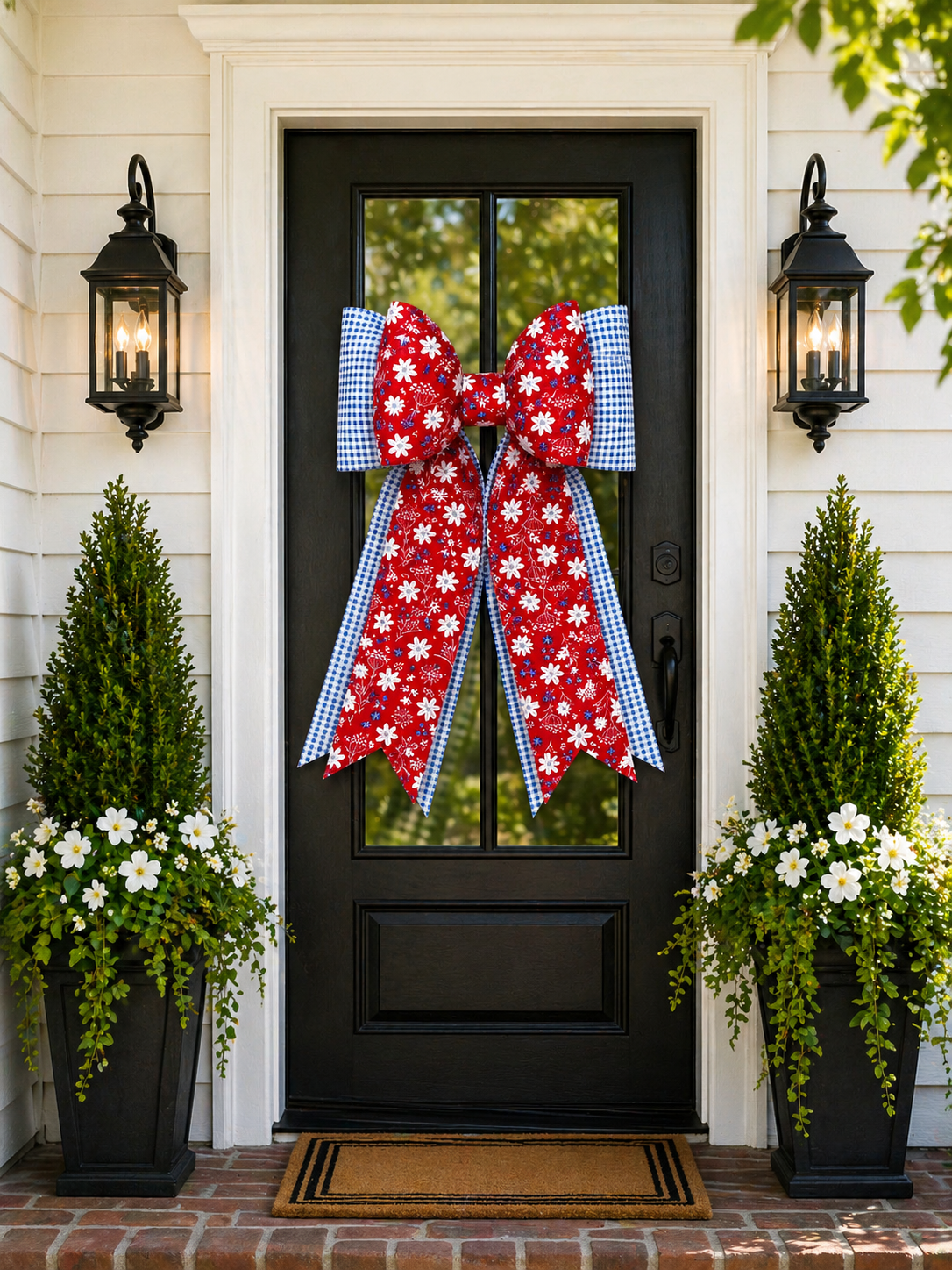 Blue Gingham & Red Floral Double Bow