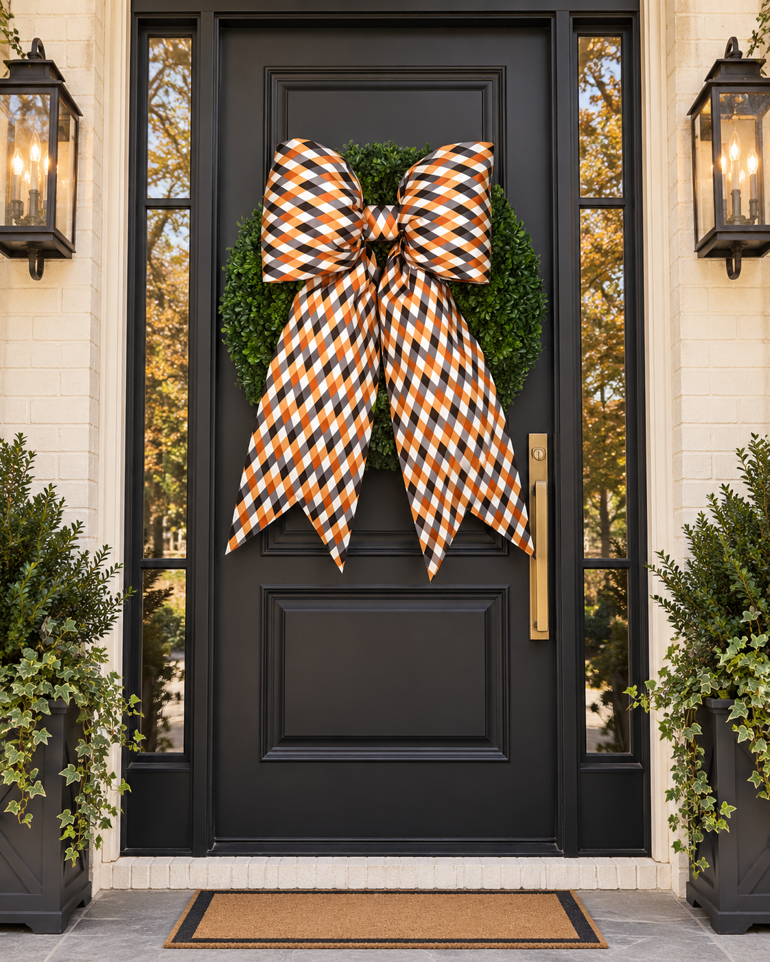 Halloween Harlequin Plaid Bow | Orange, Black & Cream
