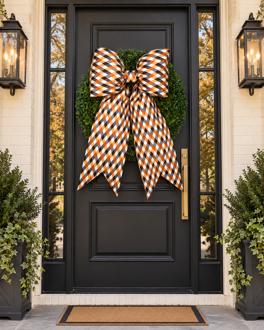 Halloween Harlequin Plaid Bow | Orange, Black & Cream
