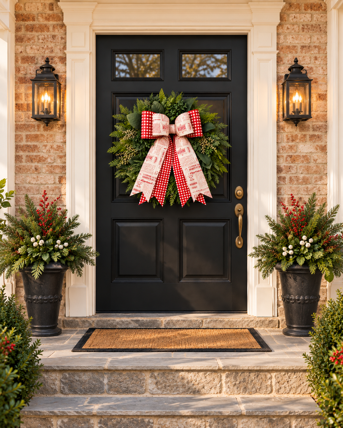 Red Gingham & Christmas Print Bow – Handmade Holiday door Wreath bow or Tree Topper