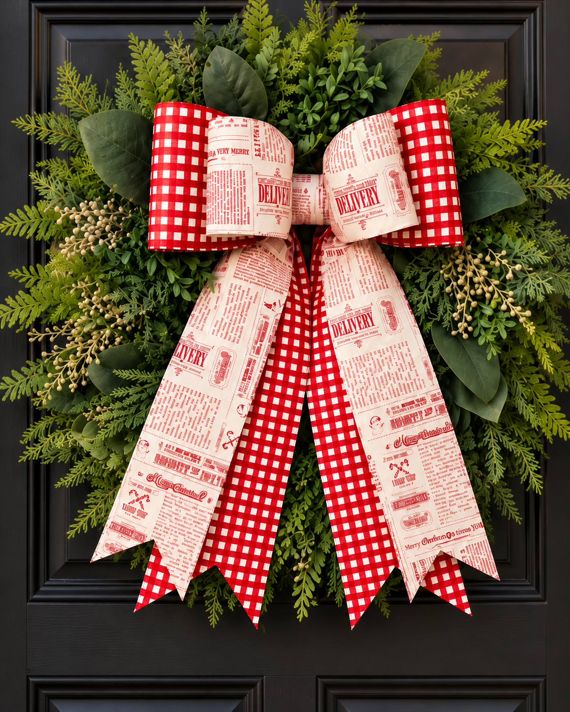 Red Gingham & Christmas Print Bow – Handmade Holiday door Wreath bow or Tree Topper